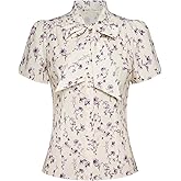 Belle Poque Vintage Tops for Women 1950s, Short Sleeve Bow Tie Button Down Summer Blouse Casual Work Shirts Purple Floral 2XL