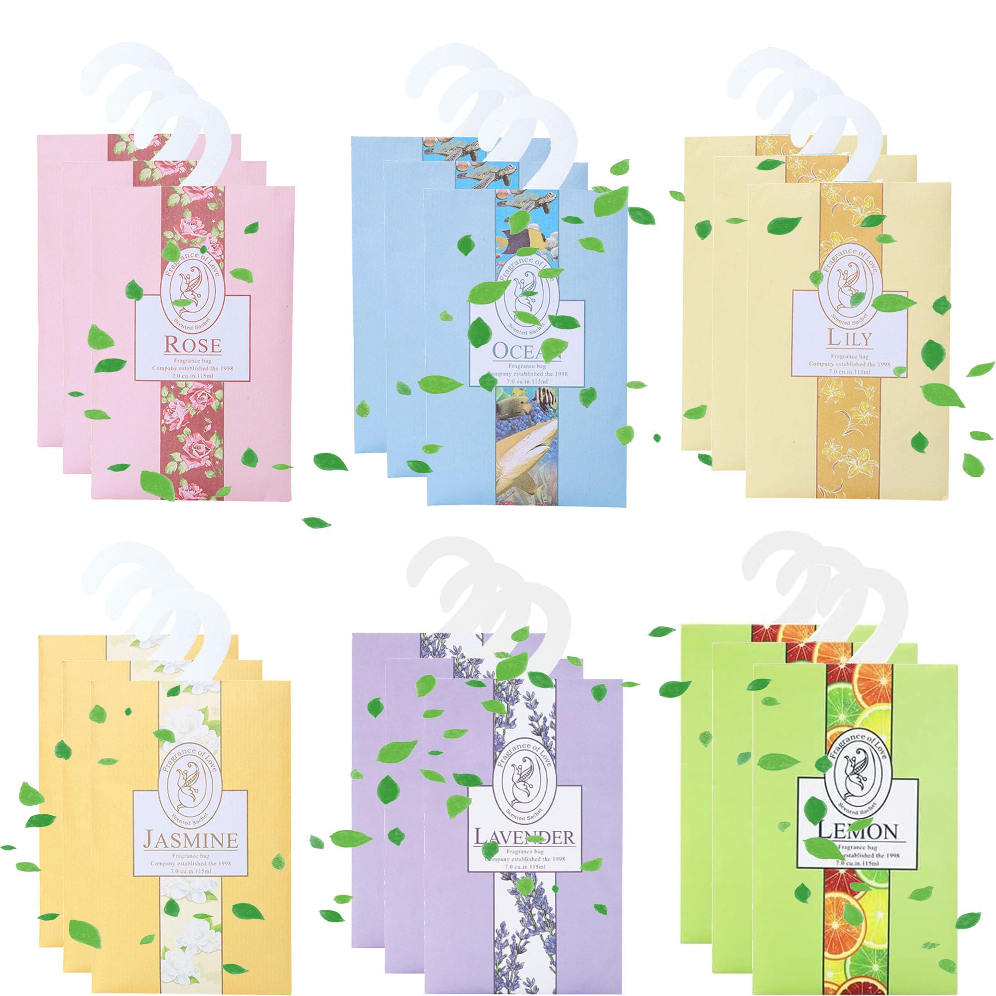 WDEC 18 Sachets With Hanging Sachets For Wardrobe Closet Room Wardrobe Bathroom Cart, Aromatherapy Bag, Natural Mothproof Agent, Lasting Fragrance 20g (Jasmine, Rose, Lavender, Lily, Ocean, Lemon)