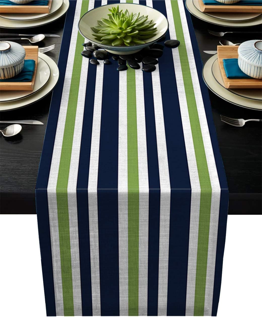 T&H XHomeDurable Fabric Table Runner,Simple Navy Blue, Lime Green and White Stripe Washable Linen Table Runners for Home/Kitchen/Dining Table/Indoor & Outdoor Use 13x70Inches