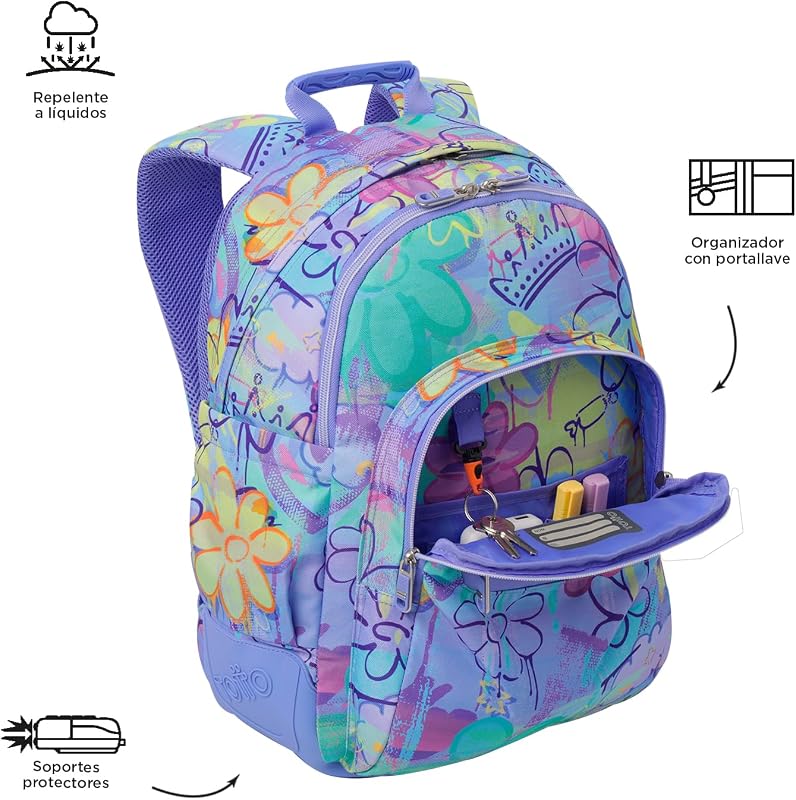 - Mochila escolar grande, modelo Rayol, capacidade de 19 L, 3 compartimentos, 2 bolsos para garrafas, bolso para PC de 14", encosto ergonómico para fluxo de ar, alças em S, Grafily Print