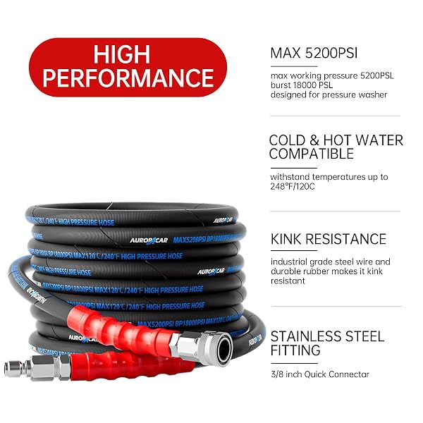 3/8” PRESSURE WASHER HOSE 100FT, KINK RESISTANT HIGH TENSILE WIRE BRAIDED POWER WASHER HOSE FOR HOT AND COLD WATER WITH 2 PCS M22-14MM 3/8″ QUICK CONNECT KIT, 5200PSI COMMERCIAL INDUSTRIAL GRADE