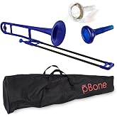 pBone Bb Plastic Trombone - Lightweight pInstruments Design with Ergonomic Grip - Includes Mouthpieces &amp; Carrying Bag - Authentic Bb Sound for Students &amp; Beginners - Durable ABS - Blue