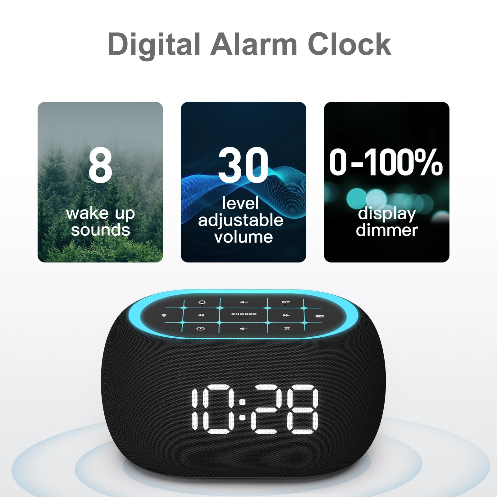 ANJANK Alarm Clock FM Radio with Bluetooth Speaker, Hi-Fi Stereo Sound, 7 Night Light Clolors, 8 Wake Up Sounds, 0-100% Dimmer, 30-Level Volume, Small Digital LED Clock with Auto Time Sync for Bedroom