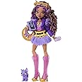 Monster High Doll, Clawdeen Wolf in Purple Moto Jacket and Furry Skirt with Pet Wolf Pup Crescent and 7 Accessories Like Book