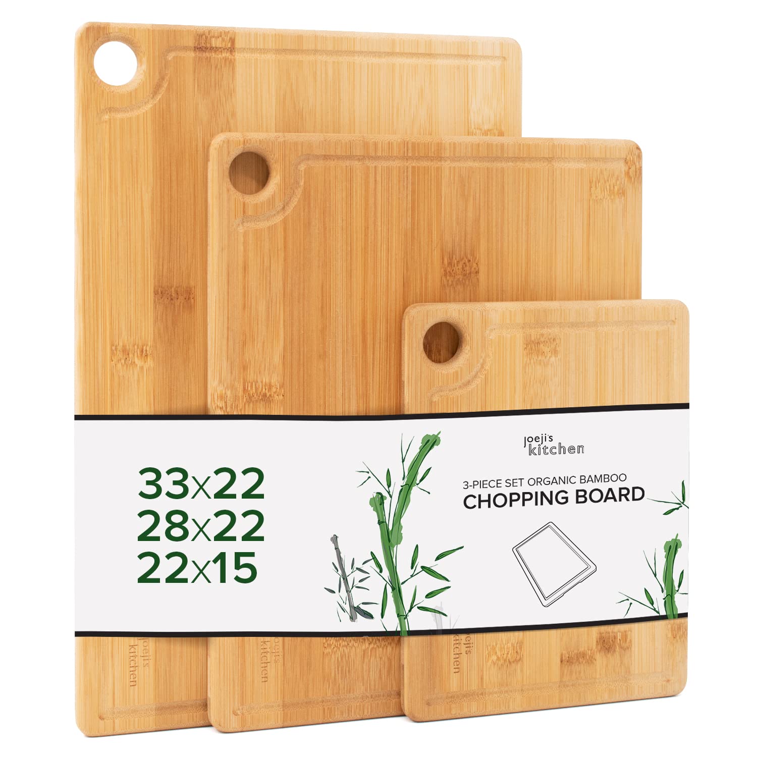 Joeji's Kitchen Set of 3 Chopping Board Heavy-Duty Bamboo Cutting Boards - 20x15 cm 28x22 cm & 33x22 cm Wooden Chopping Boards for Kitchens