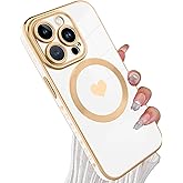 tharlet Magnetic for iPhone 14 Pro Case [Compatible with Magsafe] Cute Love Heart Luxury Plating Gold Edge Bumper with Full Camera Lens for iPhone 14 Pro Phone Case, White (6.1")