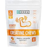ZHOU Creatine Chews - Creatine Monohydrate Gummies for Men & Women with Vitamin B12, Sugar Free, Vegan, Organic, Non GMO, 5g Per Serving - Peach Mango Flavor, 20 Servings, 60 Chews