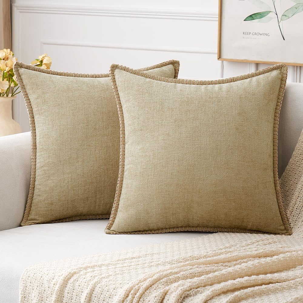 Photo 1 of MIULEE Pack of 2 Couch Throw Pillow Covers 18x18 Inch Beige Farmhouse Decorative Pillow Covers with Stitched Edge Soft Chenille Solid Dyed Spring Pillow Covers for Sofa Bed Living Room