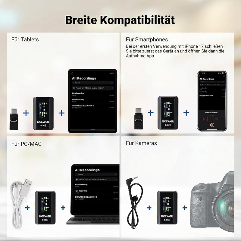 CM28 Drahtloses Lavalier Mikrofon, intelligentes Lav Mic mit Geräuschunterdrückung, 48 kHz/16 Bit, 200m Reichweite, 4GB, für iPhone Android Kamera, 1 Empfänger + 2 Sender + Ladecase