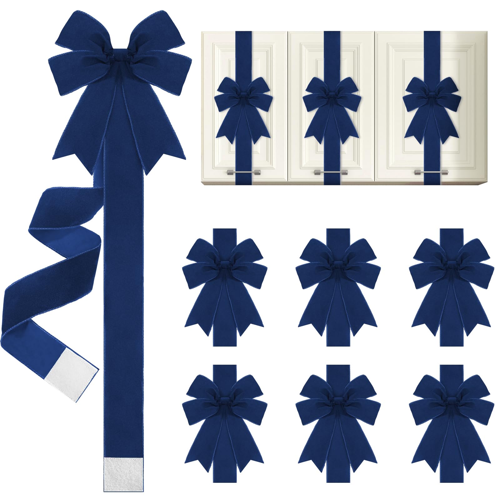 Photo 1 of 6 Pcs Christmas Velvet Cabinet Door Bows and Ribbons Large Christmas Door Cabinet Bows Xmas Cabinets Furniture Kitchen Party Decorations (Navy Blue)