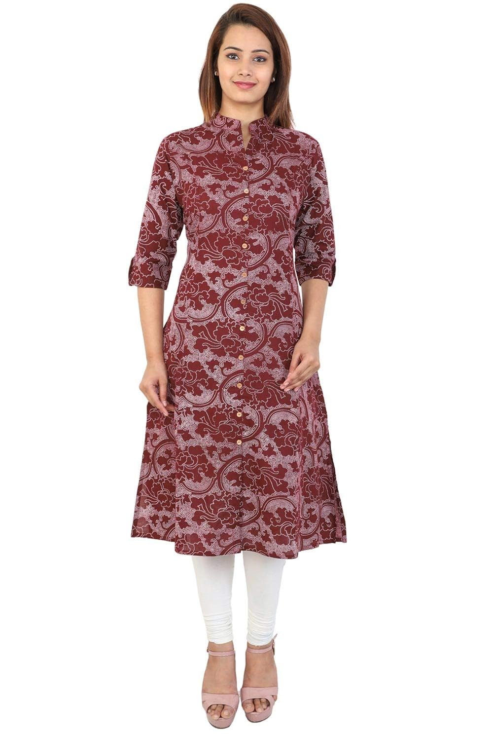bright cotton women's a-line kurta printed (maroon)