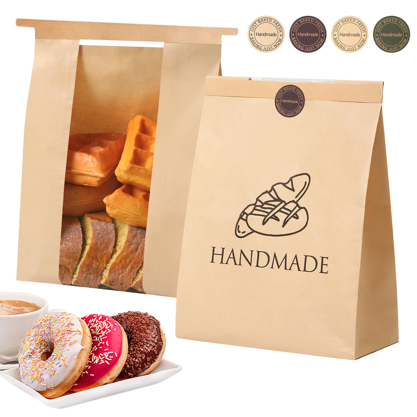 Photo 1 of 45 Pack Paper Bread Bags for Homemade Baking - Tin Tie Tab Lock Sourdough Bag, Large Loaf Packaging With Clear Window for Storage - 48 Label Seal Stickers for Bakery Use