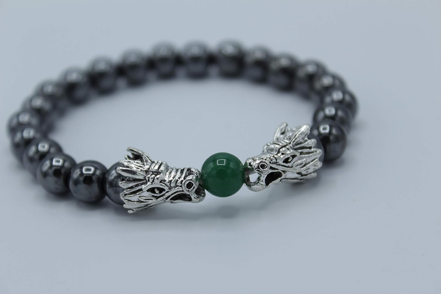 Vintage Hematite Beads Double Silver Metal Dragon Head Chase Green Jade Success Ball Bracelet Lucky Feng Shui Hanging Charm