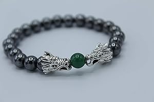 Vintage Hematite Beads Double Silver Metal Dragon Head Chase Green Jade Success Ball Bracelet Lucky Feng Shui Hanging Charm