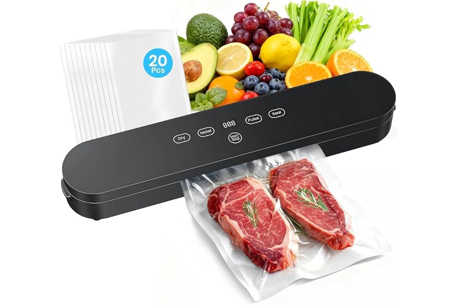 Vacuum Sealer for Food, 4-in-1 Food Sealer Machine Digital Timer | 75kPa Suction, with Digital Timer, 4-in-1 Food Sealer Machine with Seal/Dry/Moist/Pulse Modes, Compact, for Food Storage