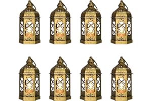 Reperla 8-Pack Mini Lanterns with Flickering LED Candles, Moroccan Style Decorative Hanging Lanterns for Halloween, Christmas, Wedding, Gold Lantern for Table Centerpiece, Home & Garden Party Decor