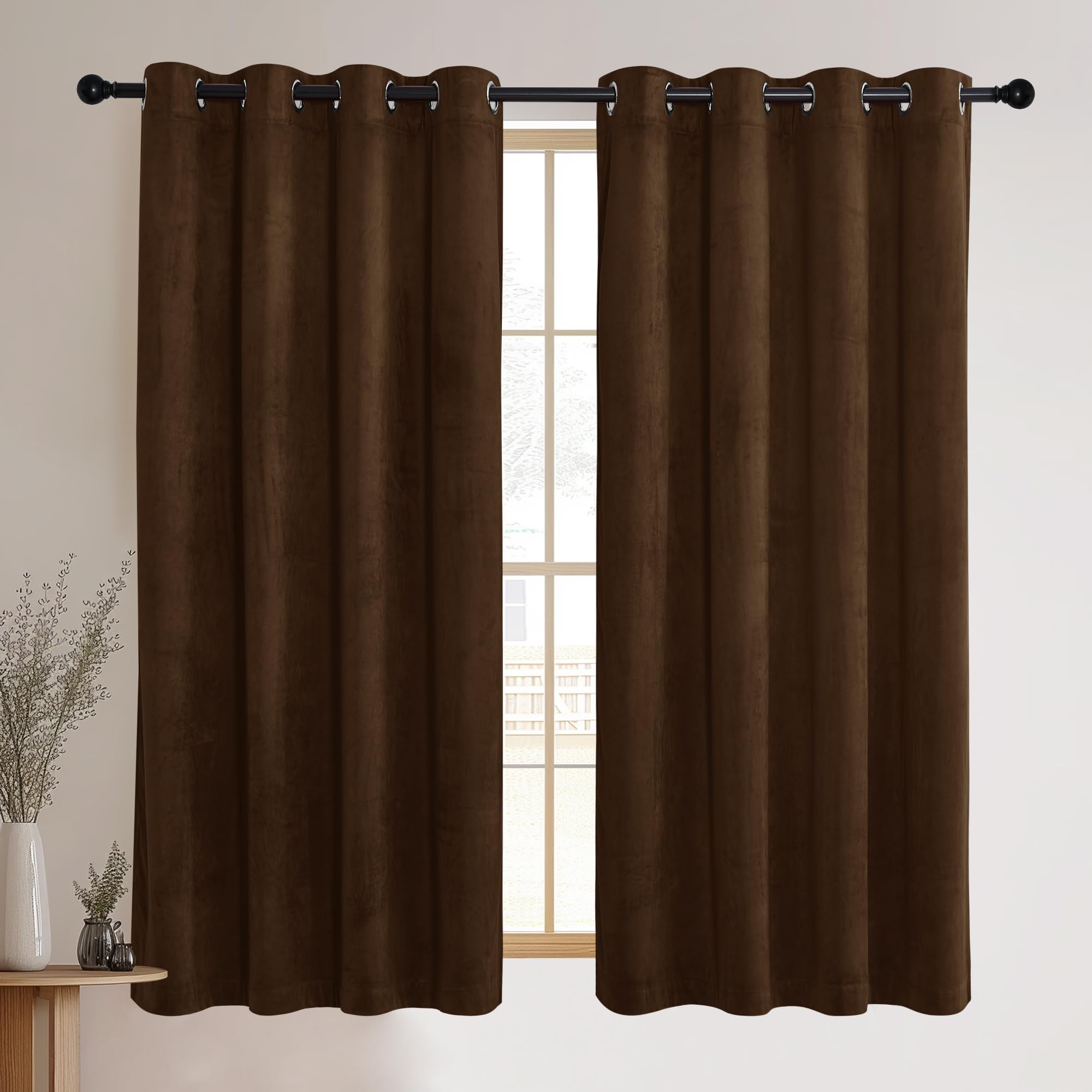 NICETOWN Brown Velvet Textured Curtain Panels, Media Movie Theater Room Decor for Living Room, Classic Velvet Woven Home Decor Grommet Top Drapes for Kid's Room (1 Pair, W52xL63 inches) Image