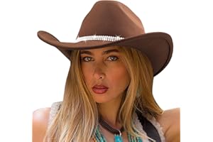DRESHOW Glitter Cowboy Hat Classic Western Rhinestone Cowgirl Hat Outdoor Wide Brim Retro Felt Fedora Hats Rolled up Caps