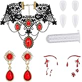 WILLBOND 6 Pcs Halloween Vampire Costume Accessories Set, Gothic Vampire Jewelry Set Black Lace Choker with Red Rhinestone Earrings, Bloody Face Stickers, 2 Pairs of Fangs and Glue