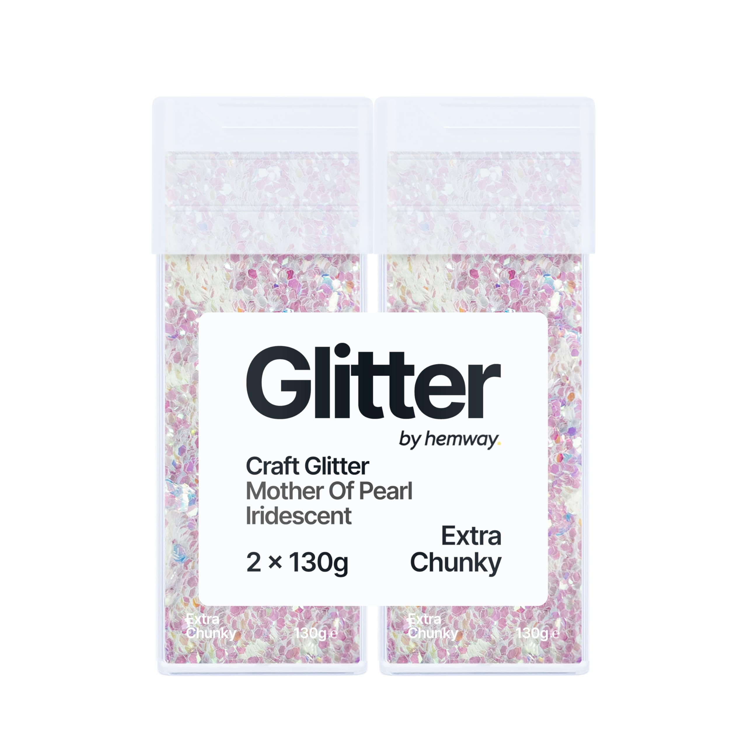 Hemway Glitter Shaker Mother of Pearl Iridescent 130g x2 Pack Extra Chunky, Craft Glitter Shakers for Resin & Epoxy Crafts, Christmas Art Supplies, Nail, Body, Face, Festival, Crafting, Slime, Sparkle