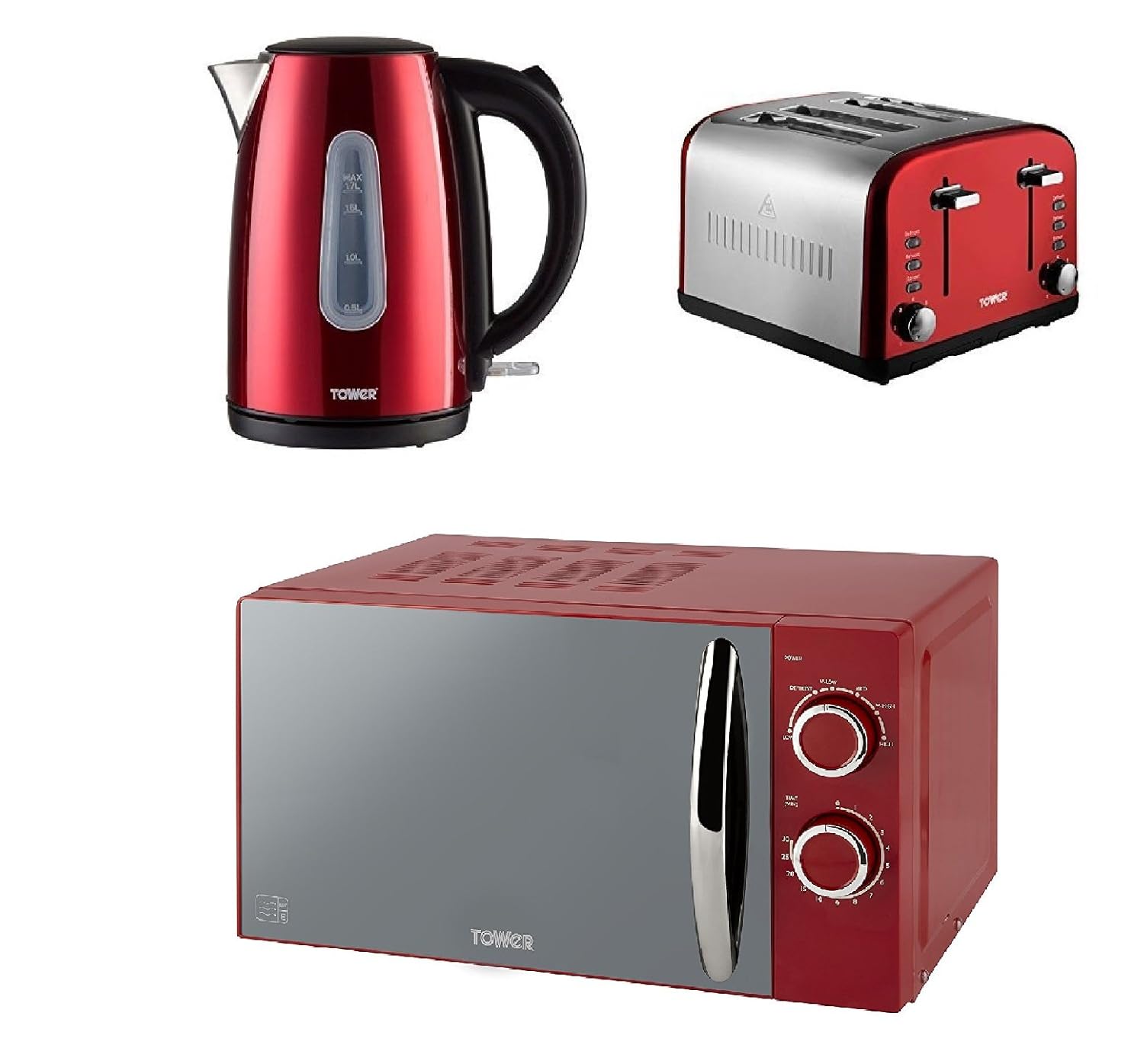 Inexpensive Red Tower Modern Infinity Red Kitchen Set A 1 7l Jug Kettle With Window A 4 Slice Toaster And A Manual Solo Microwave Microwave 800 W 20 L Cheap Online Www Jungundgrau De