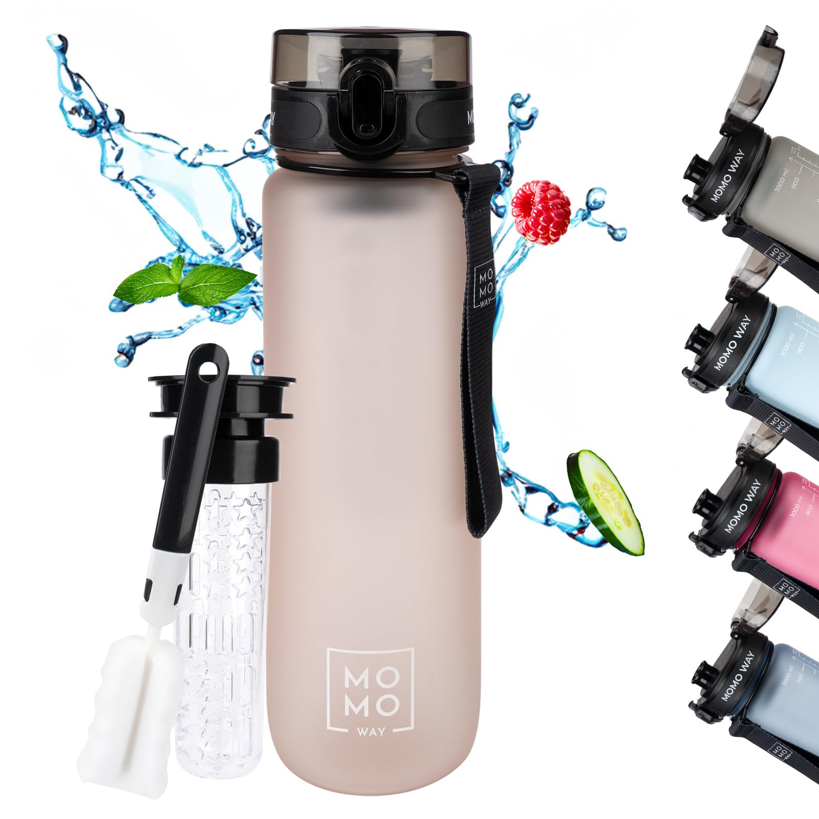 MOMO WAY Drinking Bottle Tritan Water Bottle BPA Free Reusable for School Sports Fitness Gym Easy Closure Gift for Men Women and Children Light Pink 1000ml