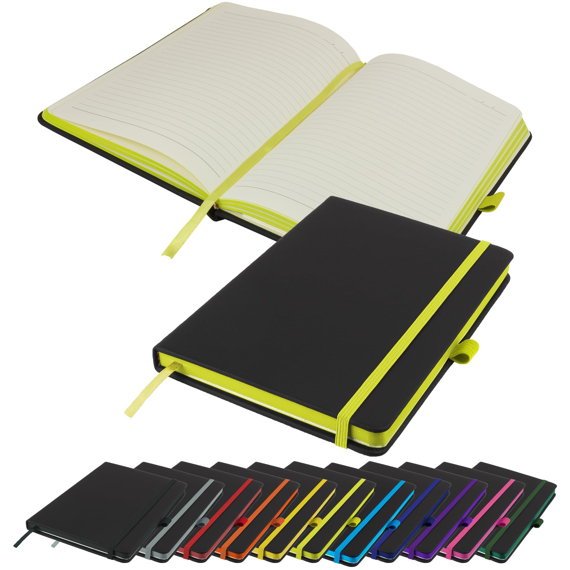 Savvy Bee Executive Contrasting paper edge A5 Notebook New Lined Hardback Journal with pen loop, elastic, ribbon, paper pocket & 196 pages Notepad Note Book Notes Diary Pad (Lime)