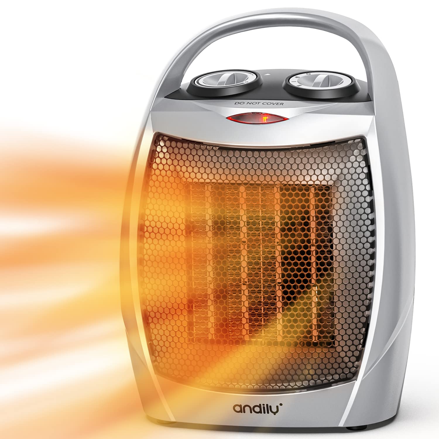 andily Compact Portable Ceramic Space Heater with Adjustable Comfort control Thermostat, 3 settings, Easy handle, Great for use in Home, Dorm, Office Desktop, and Kitchen, ETL for Safe (Silver)