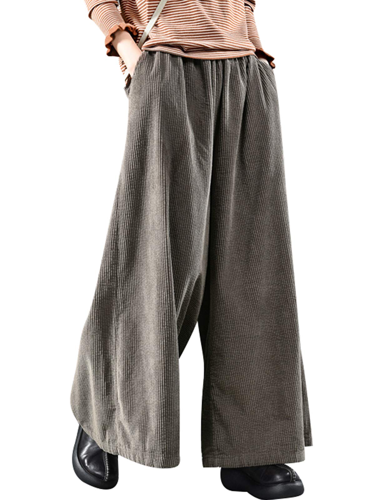 BifscebnBigassets Women's Elastic Waist Cotton Corduroy Pants Wide Leg Trousers