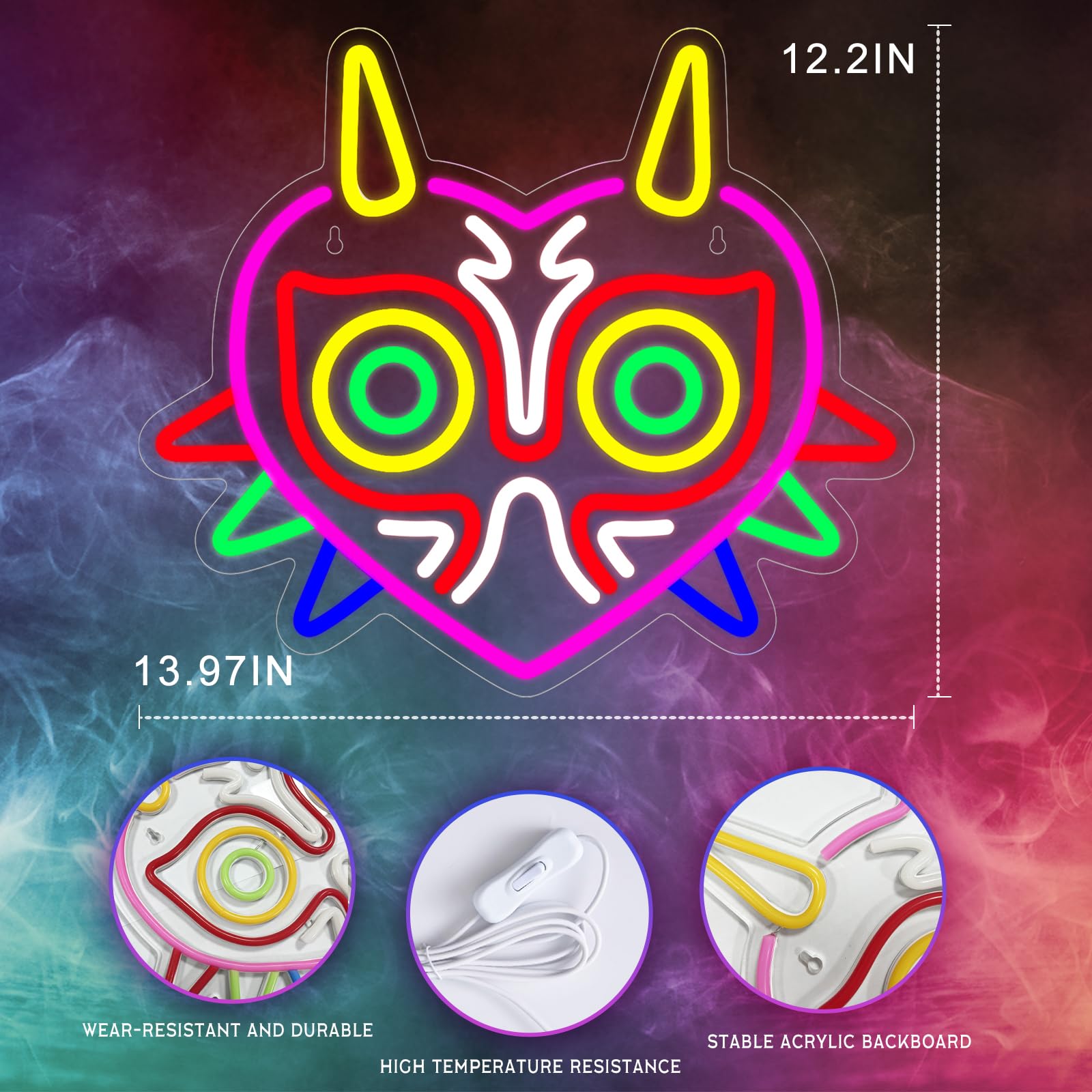 Majora's Mask Neon Sign, Zelda Gaming Neon Sign for Game Room Decor, Zelda Mask for Boys Room Decor & Gaming Wall Deocr, USB Powered Gamer Gifts for Boys, Teens and Zelda Fans