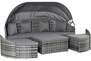 Outsunny 4-Piece Outdoor Rattan Furniture Set, Round Convertible Patio Daybed or Sunbed, Sectional Sofa with Canopy, Pillows, Cushions, Footrest, Table, PE Plastic Wicker, Grey
