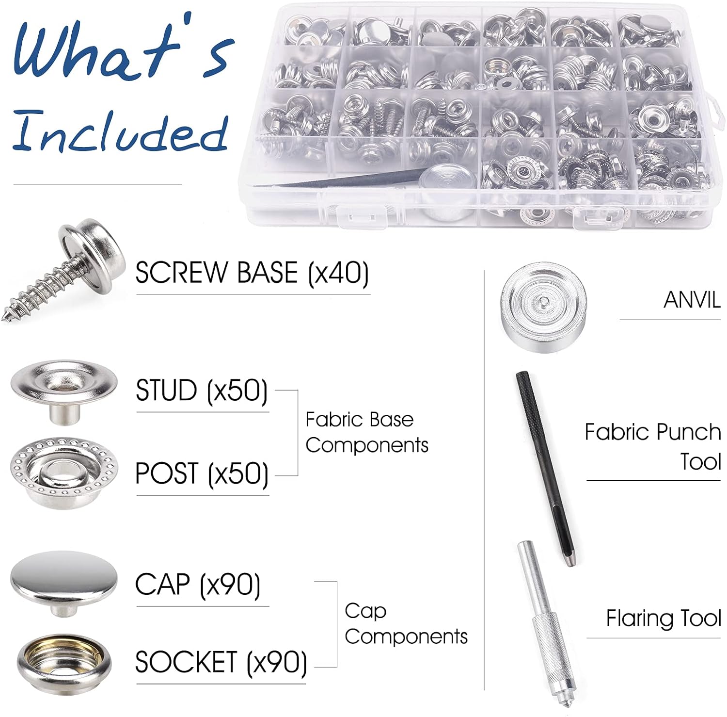 323 Piece Canvas Snap Kit, Meifuly Marine Grade Stainless Steel (Caps, Sockets, Screws, Fabric Base Components) for DIY Cover, Canvas Snap Kit with Material Hole Punch and Setting Tools
