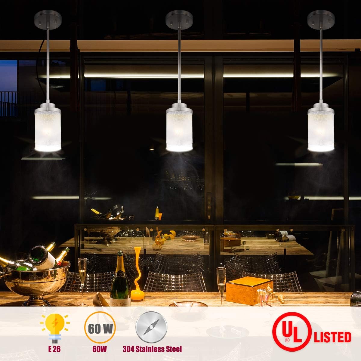 Mini Hanging Pendant Light, Jazava 1-Light Modern Hanging Ceiling Light for Farmhouse, Length Adjustable, White Linen Frosted and Clear Glass Shades with Brushed Nickel Finish - - 