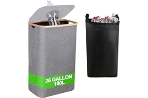 APDLFSC 26 Gallon/100L Kitchen Recycling Bin with Lid & 1 Reusable Inner Bags - Ideal for Bottles, Cans, Glass, Plastic Waste (Grey)