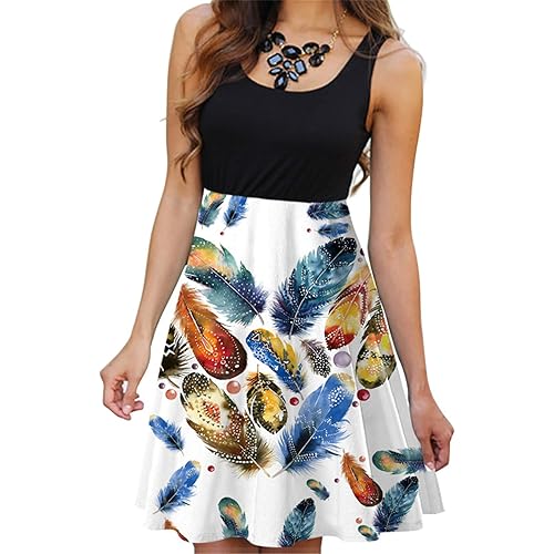 Women's Vintage Scoop Neck Midi Dress Sleeveless Summer Casual Elegant Sundress Floral Printed A-Line Dress