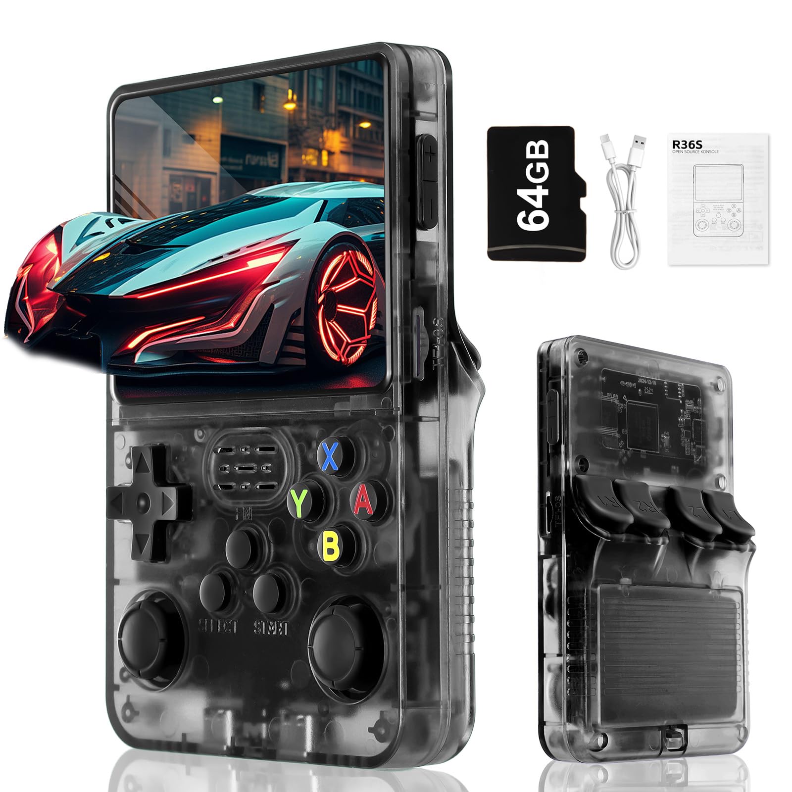 Blidinner R36S Retro Handheld Video Game Console - Linux System,3000mAh Battery,3.5 Inch Screen,64G TF Card,20000+ Classic Games,Portable Game Console for Present to Give Friends for Christmas-Black