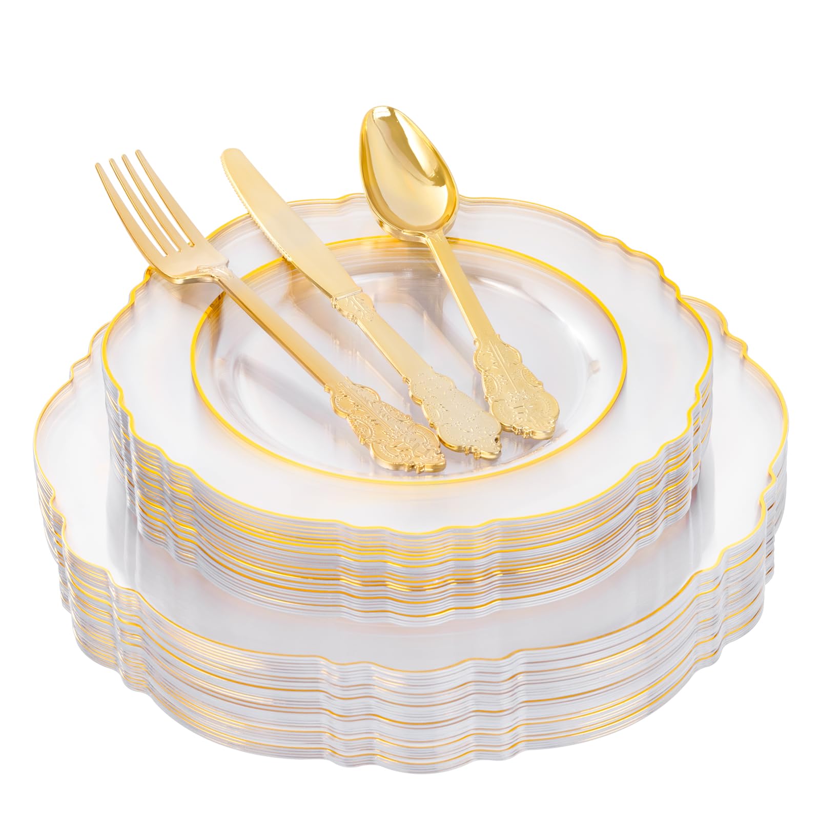 Photo 1 of YOUBET 125PCS Clear Plastic Plates with Gold Rim - Clear Gold Disposable Plates Baroque Plastic Dinnerware Includes 25Dinner Plates, 25Dessert Plate, 75Silverware for Thanksgiving & Party & Wedding