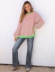 UEU Women's Striped Pullover Tops Long Lantern