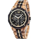 BOBO BIRD Men's Wooden Watch Sport Fashion Wristwatch Casual Chronograph Quartz Watches Men's Wood Stainless Steel Strap Watch with Date Display