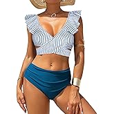 ZAFUL Women High Waisted Bikini Sets Two Piece Ruffle Tummy Control Swimsuit Cross Cutout Ruched Bathing Suit