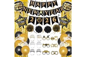 HOLIWOER Happy New Year Decorations 2026, New Years Nye Eve Party Supplies Banner, Balloons, Fringe Curtain, Swirls for Party Photography Backdrops, Black Gold