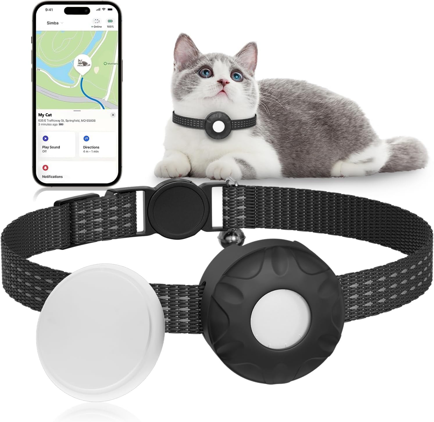 ZITTZ Cat Tracker Collar,No Monthly Fee Cat Tracker(Only iOS),Waterproof GPS Pet Tracker for Cats with Safety Elastic Buckle,Works with Any Collar,Compatible with Apple Find My App not for Android