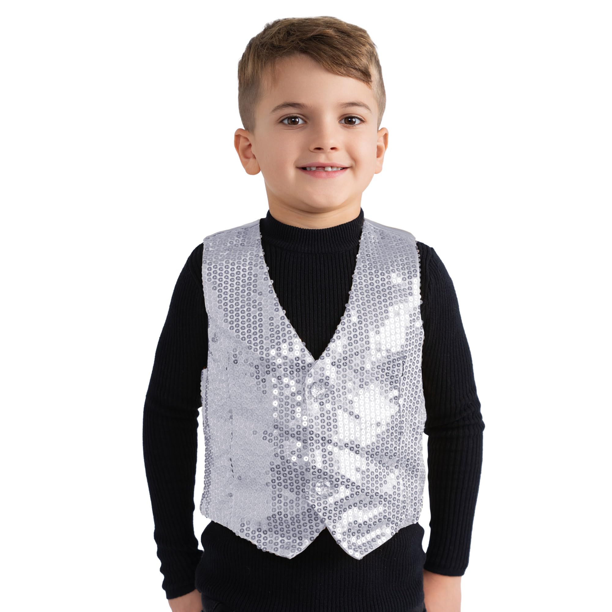Dress Up America Sequin Vest - Kids Shiny Dance Vest - Sparkly Waistcoat For Kids - Silver Party Costume - Role Play Dress Up for Children
