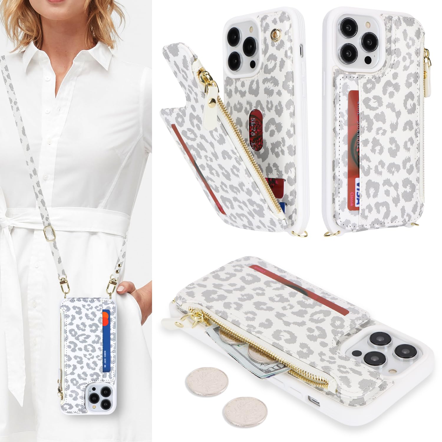 SailorTech for iPhone 14 Pro Max Phone Case with Credit Card Holder for Women, iPhone 14 Pro Max Leather Case Wallet Crossbody with Credit Card Slots Zipper Shockproof Case for Men - White Leopard