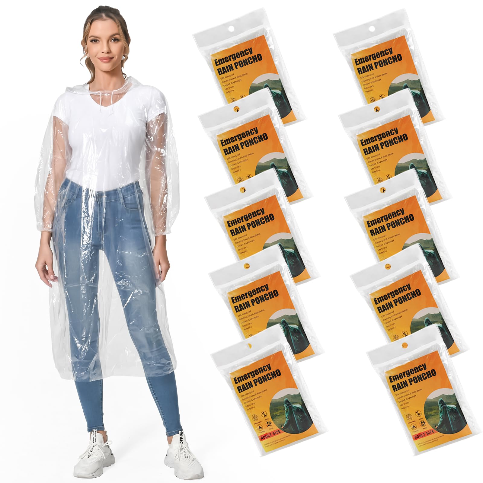 Disposable Rain poncho, 10 PCS Waterproof Ponchos, Emergency Raincoat for Men and Women with Drawstring Hood, Transparent Lightweight Poncho for Camping, Hiking, Climbing