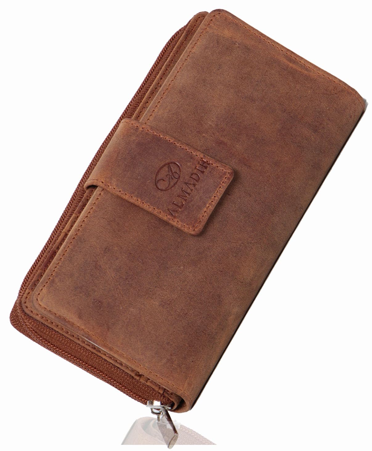 ALMADIH Leather women Wallet 18 Card Slots Brown Vintage P27 Purse Card Case Credit Card Holder With Coin Storage Pouche Id Window Clutch Long Purse Card Handbag zipper Wallet ID Large Capacity Pocket