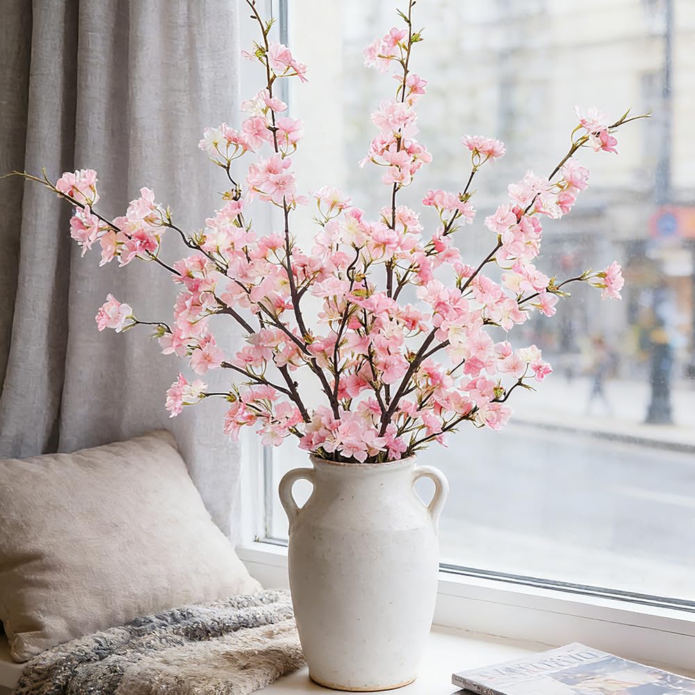 LESING 4pcs Cherry Blossom Flowers Artificial, Fake Silk Cherry Blossom Branches Tall Peach Blossom Flower Stems Arrangement for Wedding Home Office Party Decoration (Pink-1)
