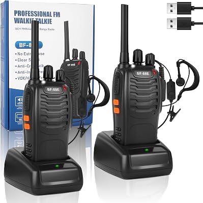 Walkie Talkie Profesionales, USB Recargables 1500mAh, 16 Canales CTCSS DCS, PMR 446 Radiocomunicación con el Auricular Incorporado Antorcha de LED, VOX - 1 Pare Negro BF-88E