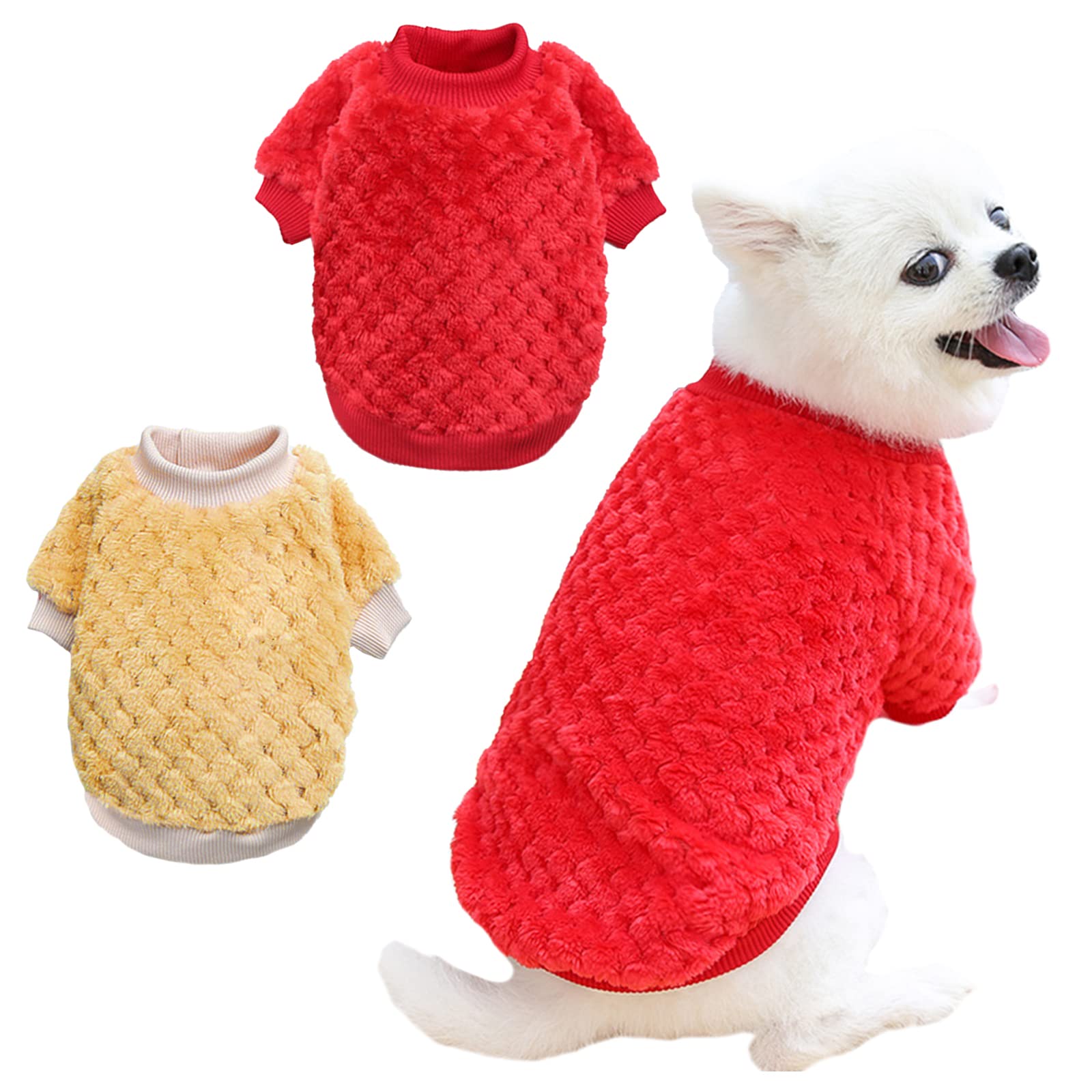 Kunyeah 2PCS Winter Warm Puppy Clothes Fleece Pet Sweater Soft Coral Fleece Pet Clothes Pet Supplies Cat Outfit Cute Pullover for Small to Medium Pets (X-Large, Red/Khaki)