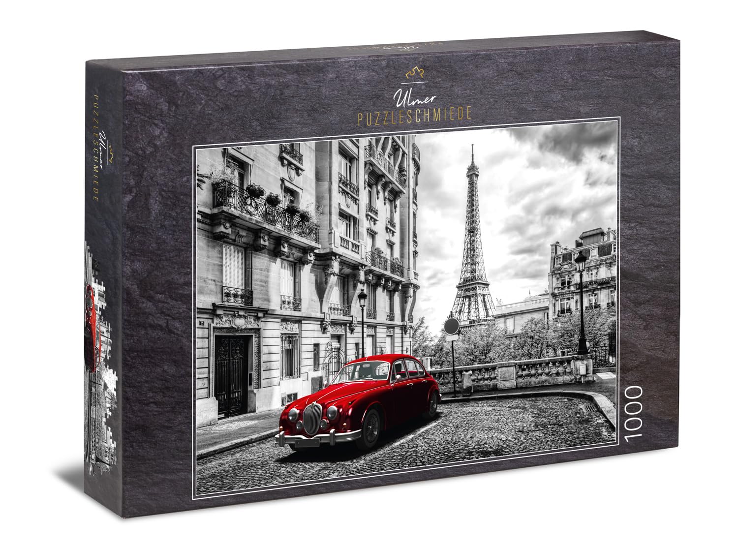 Ulmer Puzzleschmiede - Puzzle "Paris": 1000 pieces jigsaw puzzle - Nostalgic Paris motif in black and white with red car, Eiffel Tower in the background